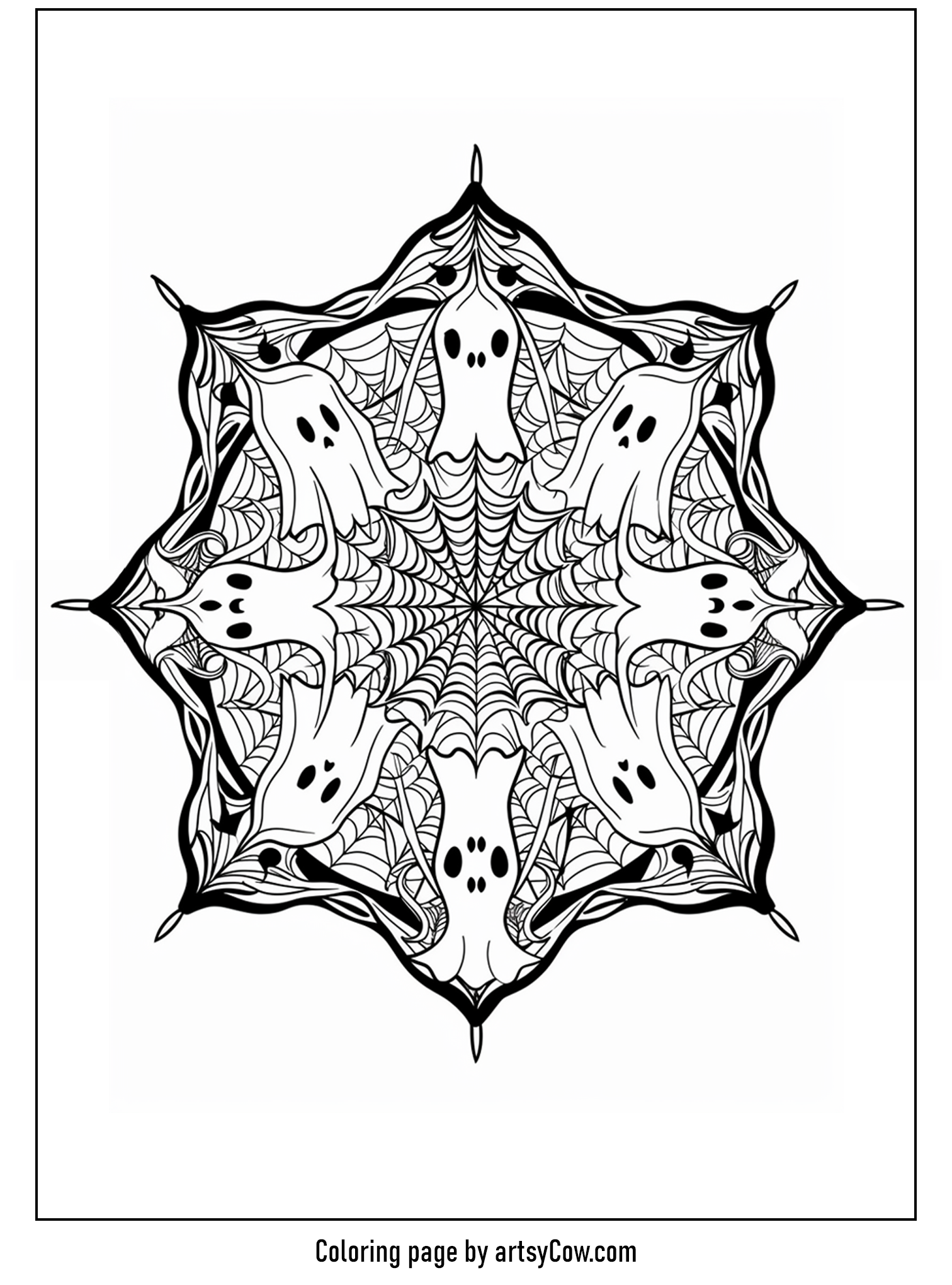 halloween ghost mandala, featuring an intricate design with spooky ghost patterns set against a web-like background
